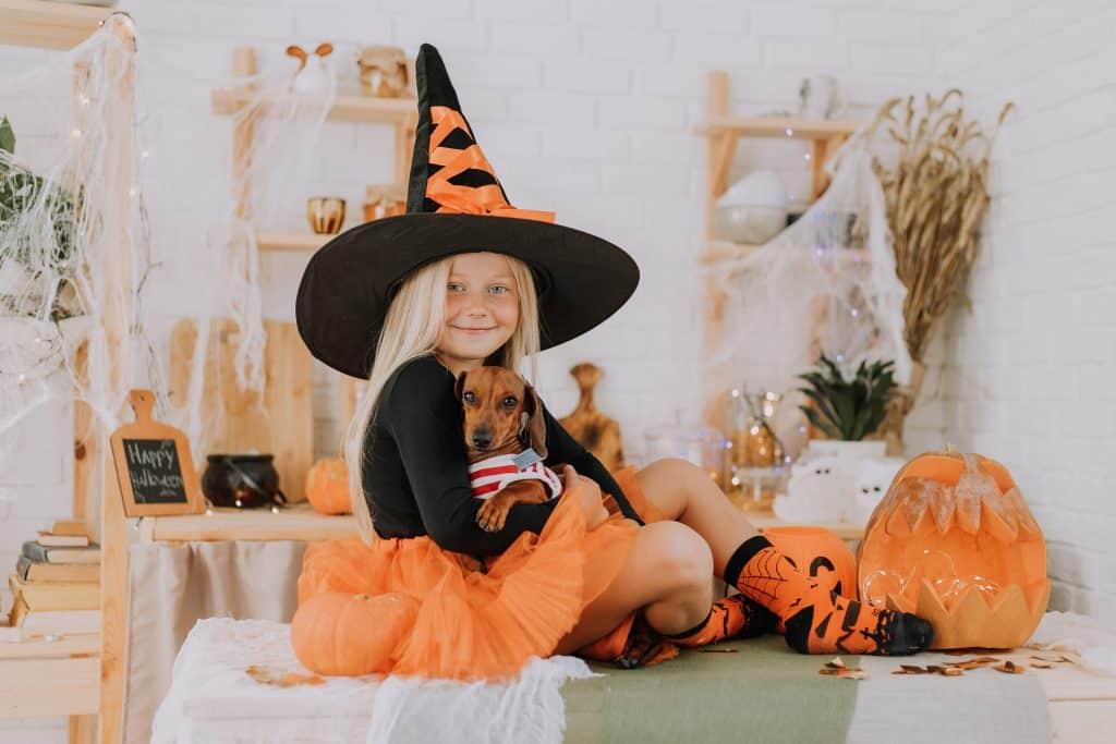 little blonde girl witch costume with orange puffy skirt holds dwarf dachshund halloween