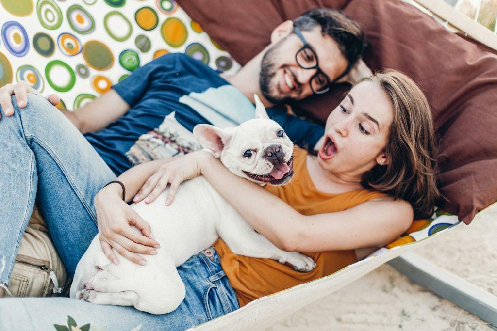 Hipster couple with bulldog relaxing in hammock on the beach in sunset light